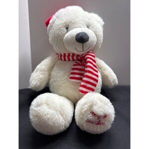 Plush White Teddy Bear Rattle With Red Striped Scarf & Santa Hat "My 1st Christm